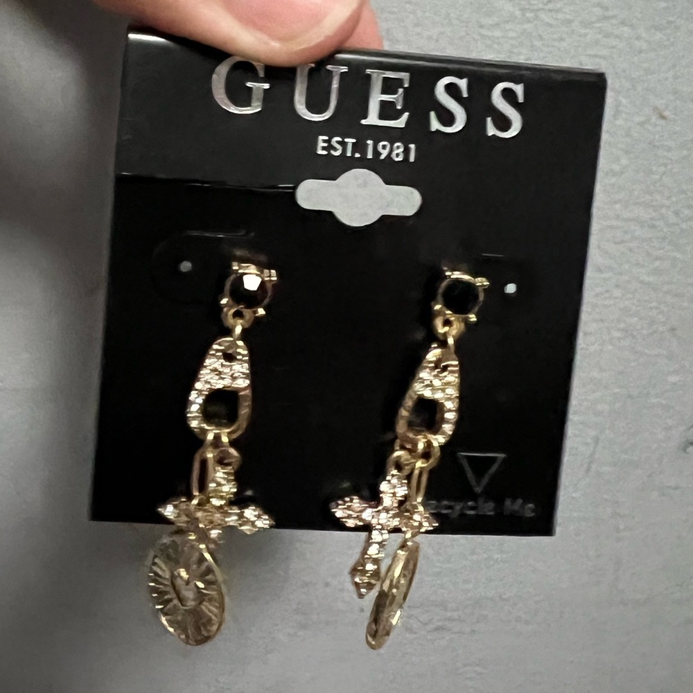 GUESS Gold-Tone Linear Dangle Drop Cross and Heart Disc Charm Earrings